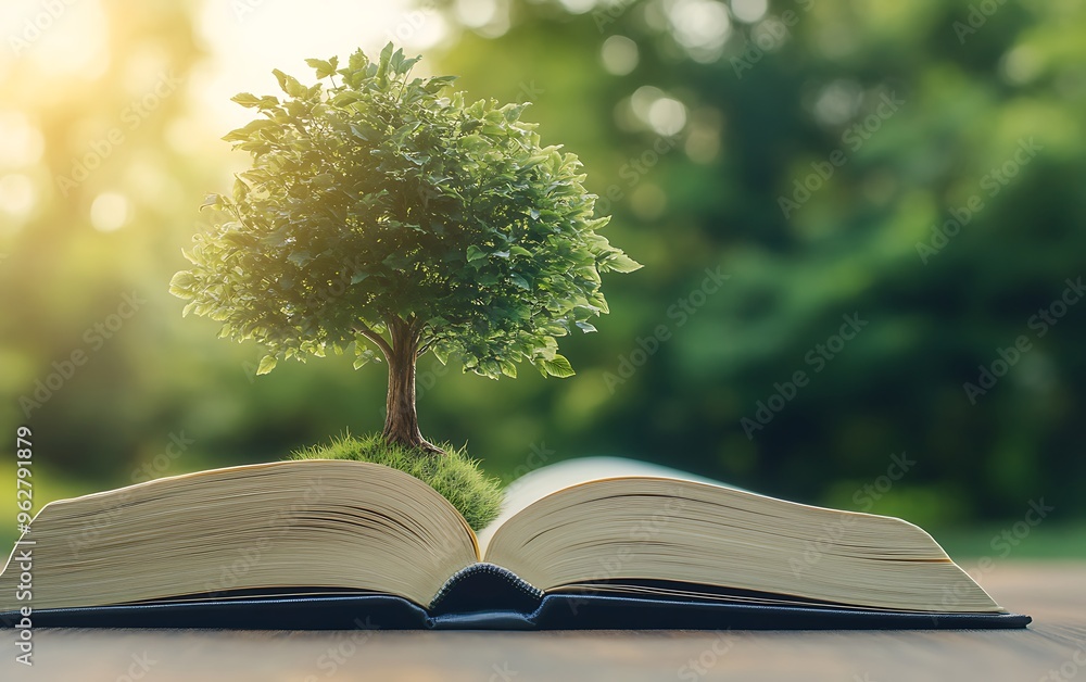 Poster nurturing knowledge: tree growing from open book symbolizing growth and learning