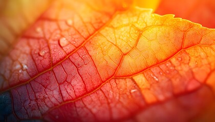 Fototapeta premium Close-Up Macro Photograph of a Red and Orange Leaf with Water Droplets