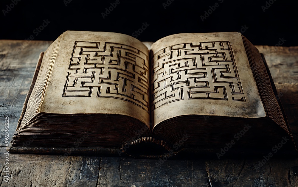 Aufkleber maze of knowledge: open book with intricate maze design, symbolizing challenge and exploration
