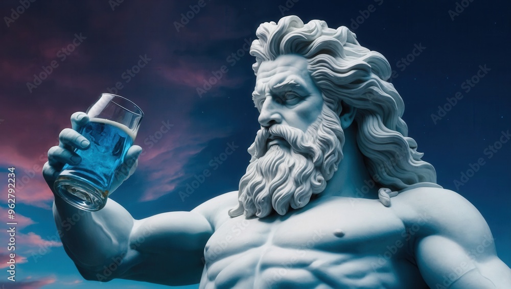 Wall mural a statue of a man holding a glass of blue beer