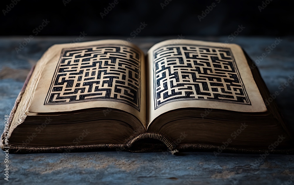 Poster unraveling the maze of exploration - open book with intricate maze design representing challenge and