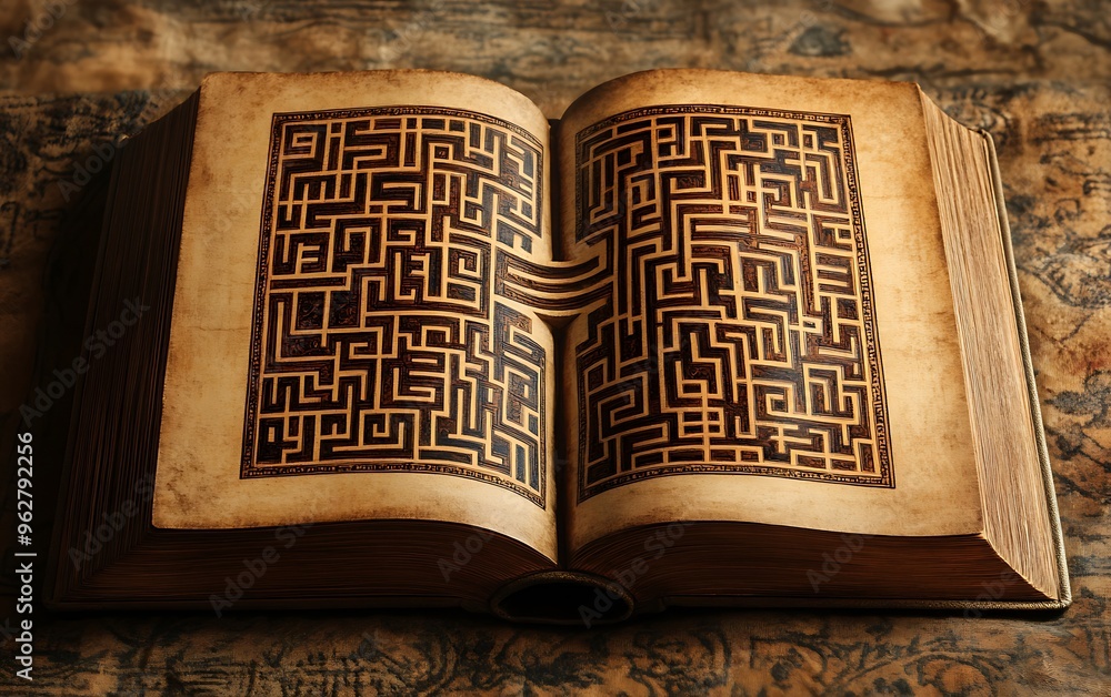 Poster unraveling the maze of possibilities - conceptual image of an open book with intricate maze design f