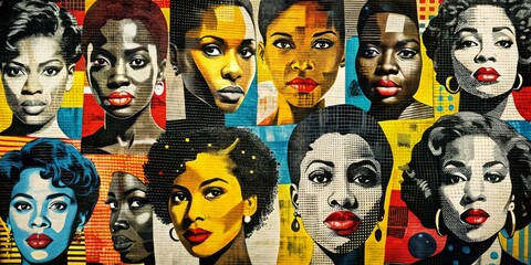 Collage of Black Women in Vibrant Colors, Pop Art Style, Portrait of Diversity, Collage, Pop Art, Portrait