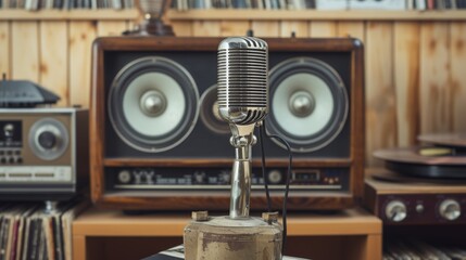 A vintage microphone is prominently displayed in front of classic speakers and retro audio equipment, evoking a sense of nostalgia and the golden age of radio. The setting is a cozy, wood-paneled room
