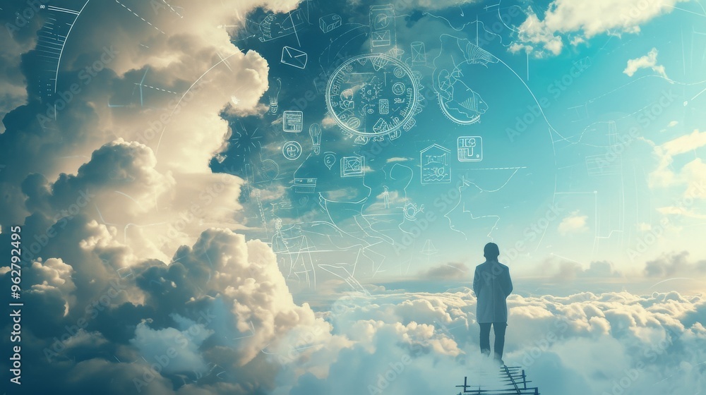 Poster a man stands on a cloud, surrounded by digital projections of various concepts and ideas. this imagi