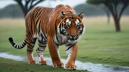 Fototapeta premium Experience the powerful beauty of nature with this stunning 8K high-resolution photograph featuring a majestic tiger walking through a gentle rain shower on the savannah.