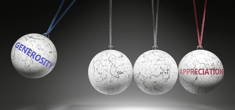 Generosity and Appreciation - cause and effect relationship. A Newton cradle metaphor showing how generosity results in appreciation. It initiates appreciation. ,3d illustration