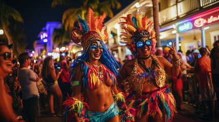 Fantasy Fest in Key West, colorful parade with participants wearing unique and bold fantasy costumes, night atmosphere with neon lights illuminating the streets, large crowd cheering and taking pictur