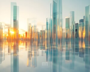 Glass Skyscrapers Reflecting the Sunset in a Cityscape 3D Illustration