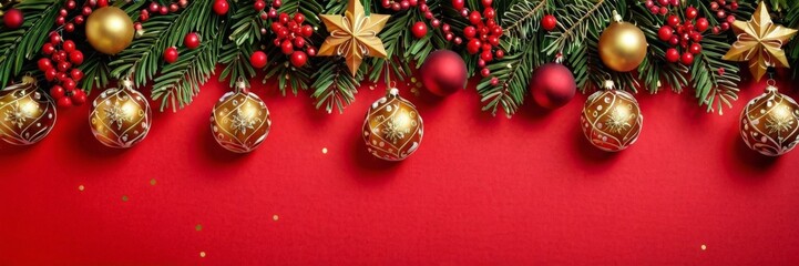 Christmas tree branches with ornaments, red berries, and gold stars on a red background.