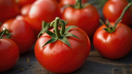 A bunch of bright red tomatoes on an organic farm tomato plant