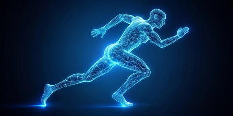 Digital Runner Wireframe Representation of a Man Running, Blue Glow, Futuristic Sports, Athlete, Technology, Movement, Digital Art