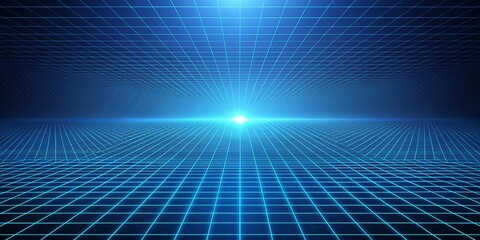 Digital Grid Horizon Blue Neon Lines, Glowing Abstract, Futuristic Landscape, Cyberpunk, 3D, Sci-Fi, Background