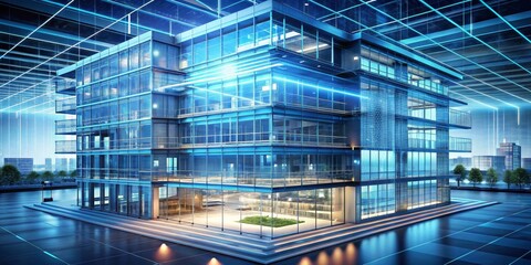 Obraz premium Glass Skyscraper with Neon Lights, Cityscape, Modern Architecture, Futuristic Design, Nighttime , skyscraper, neon