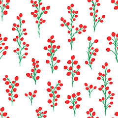 Vector seamless pattern of different small red berries, single and twigs. Rowan fetus, viburnum, blueberry, lingonberry, cranberry. Botanical texture isolated on white, hand drawn in doodle flat style