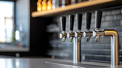Close-up view of a modern bar tap system with sleek design, showcasing chrome beer faucets in a stylish interior setting.