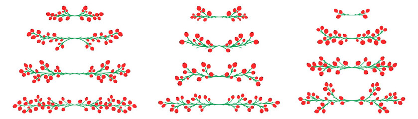 Set of various small red berries, single and twigs. Germs of rowan, viburnum, blueberry, lingonberry, cranberry isolated on white drawn by hand in flat doodle style