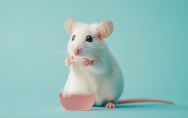 Curious White Mouse with Beaker of Pink Liquid in Laboratory Setting Against Light Blue Background