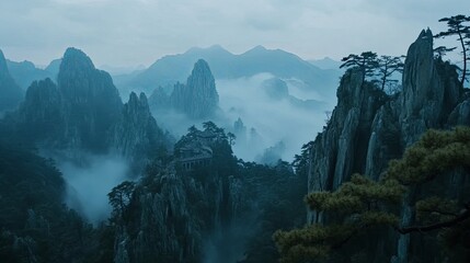 Aerial Panorama of Yellow Mountains: Iconic Pine Trees, Mist-Cloaked Peaks, Ethereal Seclusion, Ideal for Nature Enthusiasts