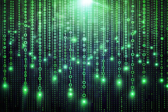 Virtual digital matrix of green binary code cascading light patterns