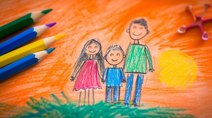 A vibrant hand-drawn illustration of a smiling family, showcasing a mother, father, and child. The artwork features bright colors and cheerful expressions, with colored pencils in the foreground