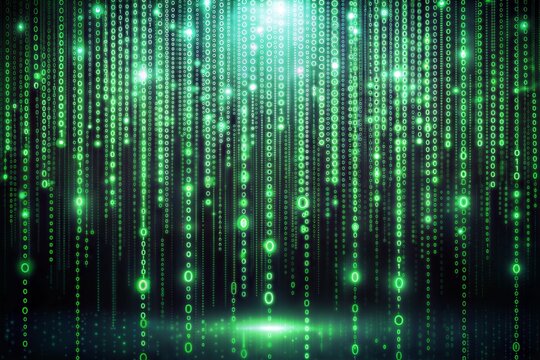 Futuristic digital matrix with falling green code in cyberspace at night