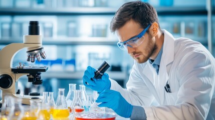 Fototapeta premium Researcher in Lab Studying Microorganisms Under Advanced Microscopes