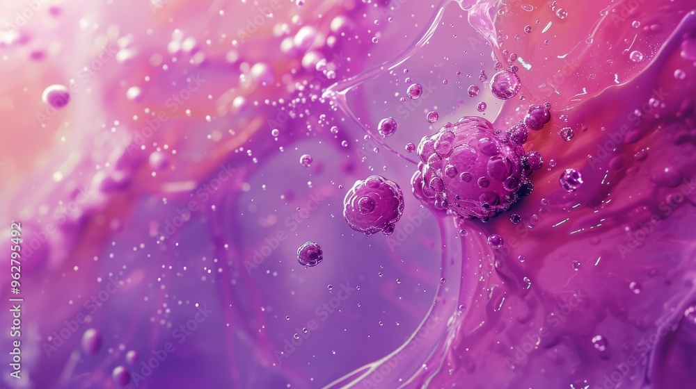 Poster a vivid abstract piece featuring fluid purple forms with bubbles and intricate textures. the artwork