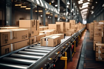 Boxes on conveyor belt in warehouse. Shallow depth of field