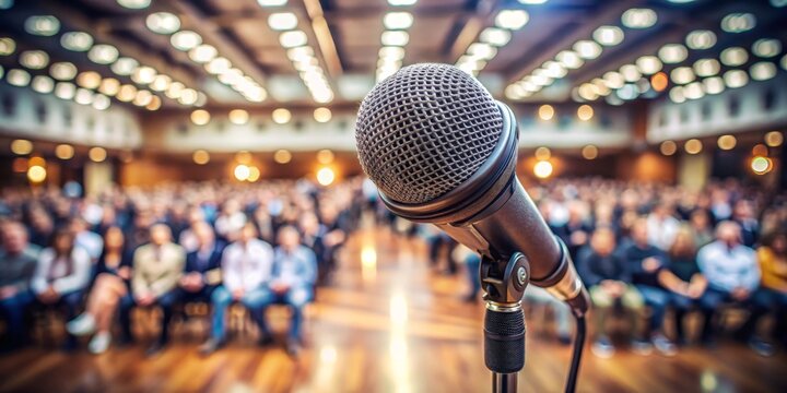 Microphone Close Up In Front Of Blurred Audience, Conference, Public Speaking, Presentation