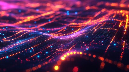 Abstract digital landscape with glowing lines and nodes representing data flow.
