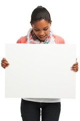 Happy woman, billboard and advertising with mockup for campaign, message or alert on a white studio background. Young, female person or model with poster or space for marketing, notification or sale