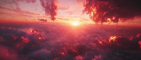 Fototapeta premium Stunning sunset over clouds, featuring vibrant colors and dramatic skies, perfect for nature and landscape themes.