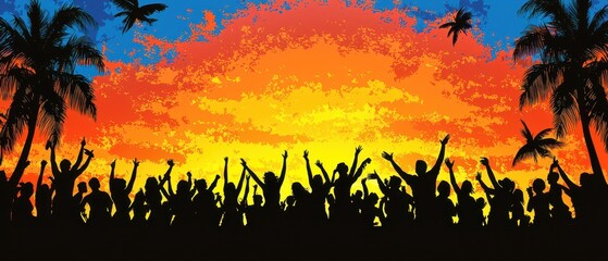 Vibrant sunset with silhouettes of people enjoying a lively beach party amidst palm trees and colorful skies.
