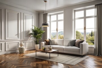 White Wall Skirting Board In A Modern Living Room Interior With Parquet Flooring And A White Sofa