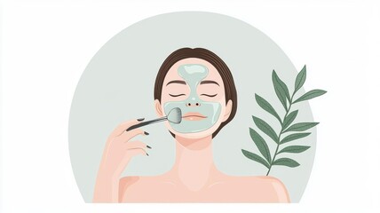 Woman enjoying a face mask treatment post-bath, flat vector style, fresh and calming hues