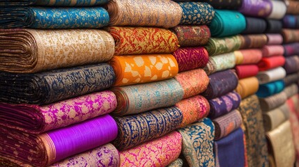 Bold and colorful textiles stacked in an Indian marketplace, representing the diversity of Indian fabric designs.