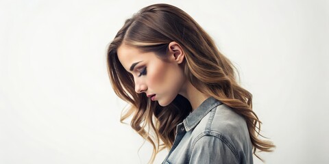 Naklejka premium Side Profile of a Woman with Long Brown Hair, Wearing a Denim Jacket, White Background, Beauty, Fashion, Portrait