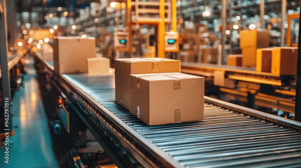 Poster boxes smoothly moving on a conveyor belt in an automated factory assembly line, a symbol of modern m