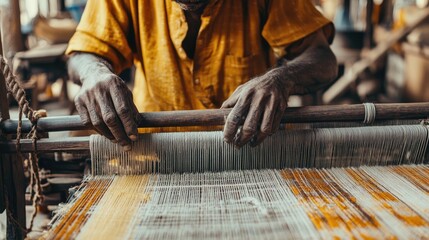 Close-up of an Indian weaver working on a handloom in a village, highlighting traditional craftsmanship.