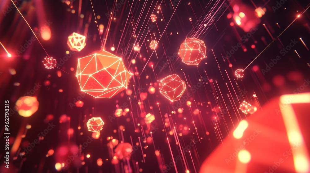 Poster abstract visualization of geometric shapes and light beams in a digital space.