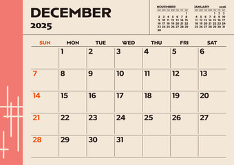 Simple desktop calendar for 2025: December, with writing space