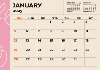Simple desktop calendar for 2025: January, with writing space