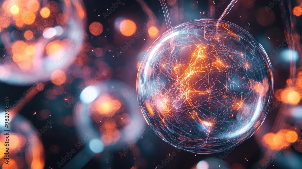 Poster abstract visualization of interconnected spheres representing data and technology.