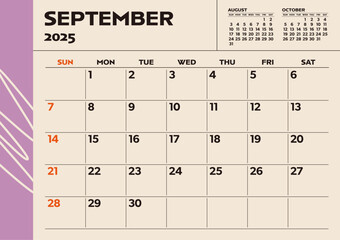 Simple desktop calendar for 2025: September, with writing space