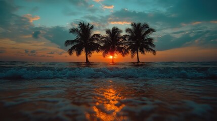A breathtaking tropical sunset scene with three silhouetted palm trees and gentle ocean waves reflecting warm orange hues under a dramatic sky.