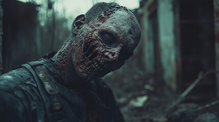 Obraz premium A zombie man with a bloody face is standing in a dark, abandoned area
