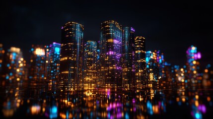 Fototapeta premium A vibrant futuristic city at night, featuring glowing neon skyscrapers in blue, purple, and orange hues, reflecting off the water.