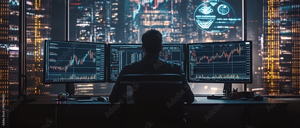 Poster a man sits at a desk in front of three monitors showing stock market charts. the window behind him s