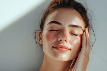High-quality photo of skincare and cosmetics concept with copy space for text. Natural beauty woman woman with radiant, glowing skin closes her eyes and gently touches her face with her hand, ai